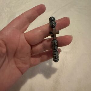 Hematite Beaded Bracelet with Cross Charm